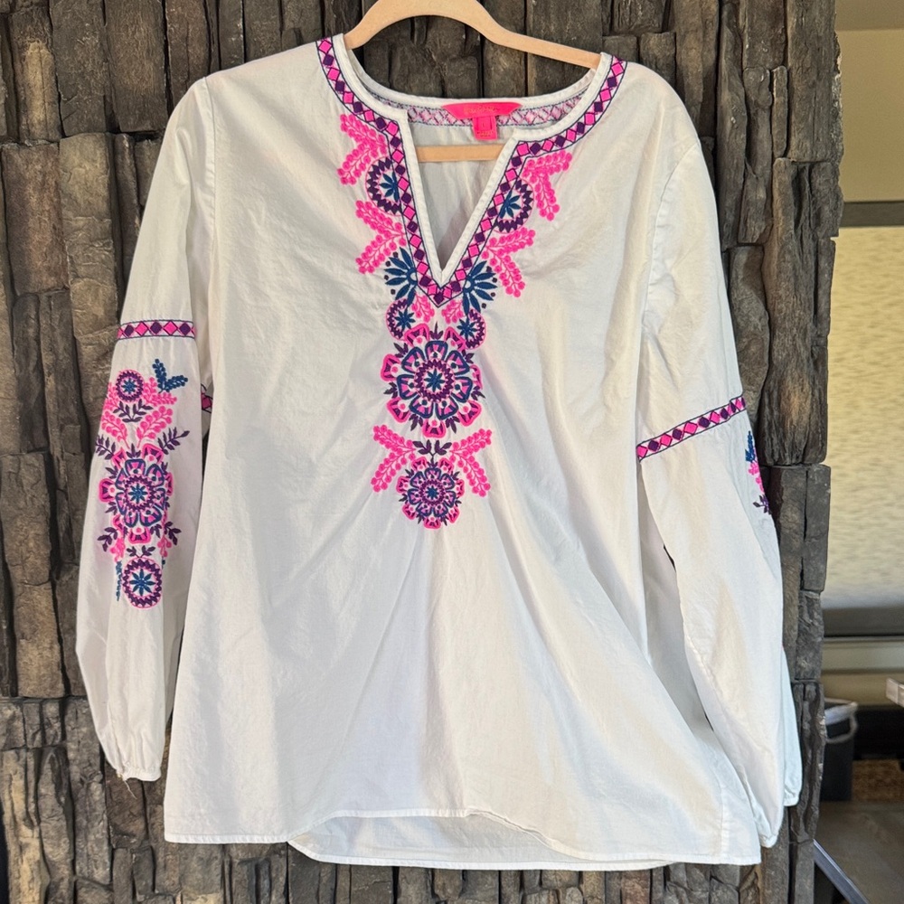 Lilly Pulitzer White Top with Pink and Blue Embroidery